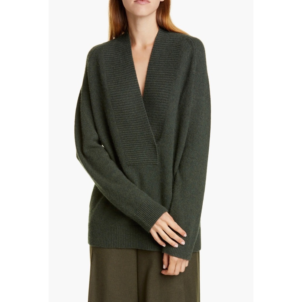 Vince Crossover V-Neck Sweater Women Small Green Minimalist Ribbed Wool Knit